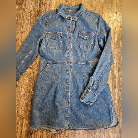 Free People Dynomite Stretch Denim Button Long Sleeve Pocket Mini Dress Medium - Picture 3 of 10